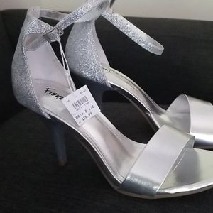 Silver open toe ankle strap pumps